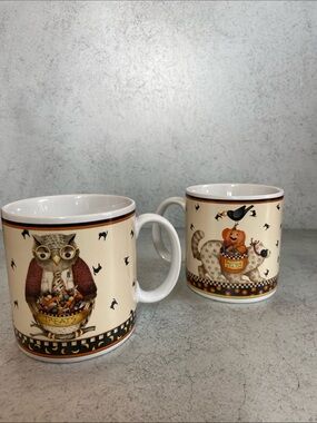 Debbie Mumm Sakura Halloween Owl Mugs Set of 2 Vintage 2000 Pumpkin Cats